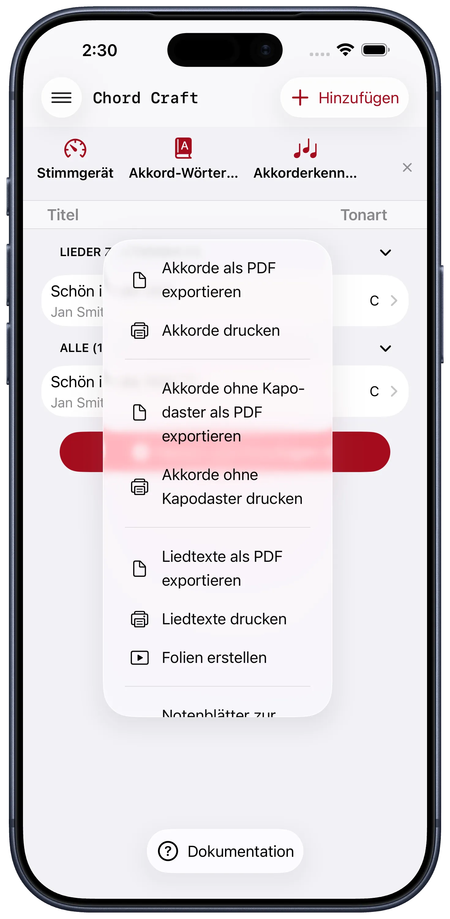 Akkordblatt bearbeiten