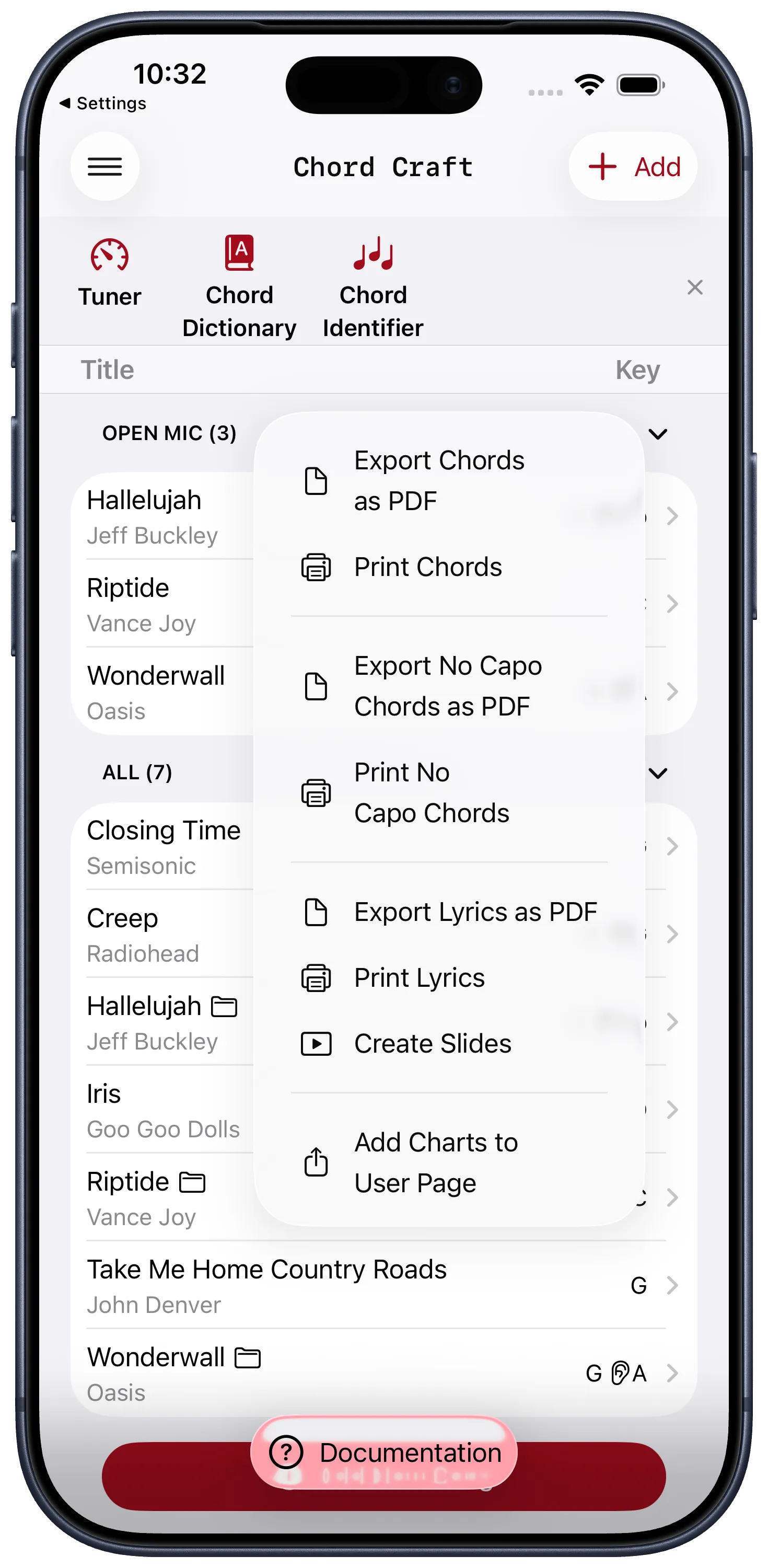 Set lists in Chord Craft