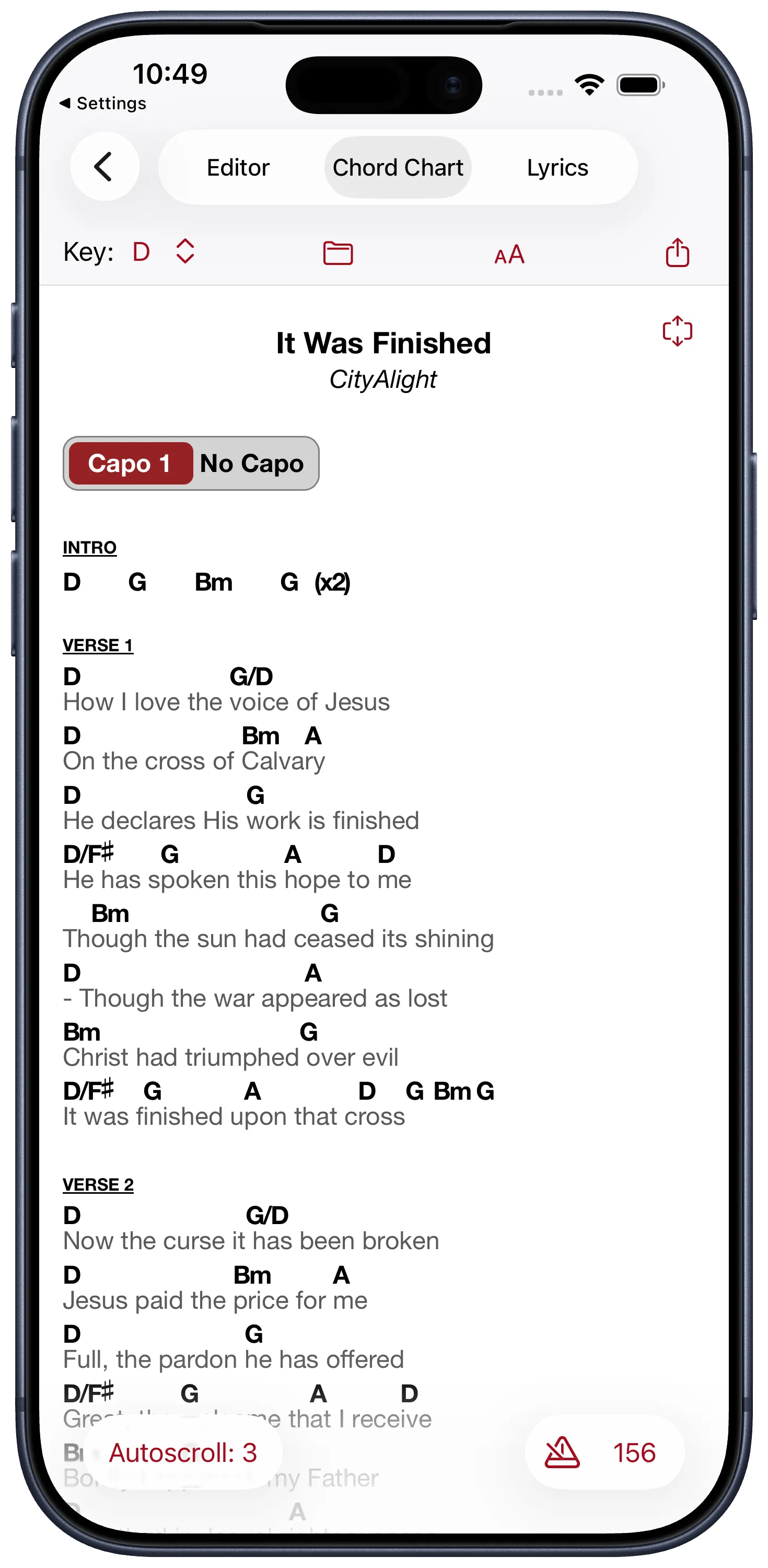 Clean worship chord chart